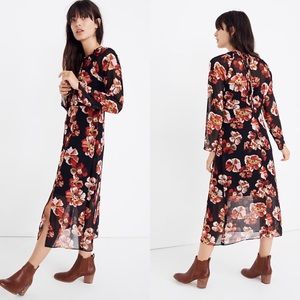 Madewell Floral Shirred Black Rose Midi Dress XXS